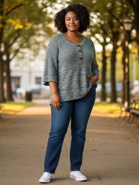 212 Plus Size 22/24W Blue Gray Marled Knit Sweater Tunic Top 3/4 Sleeve Boho